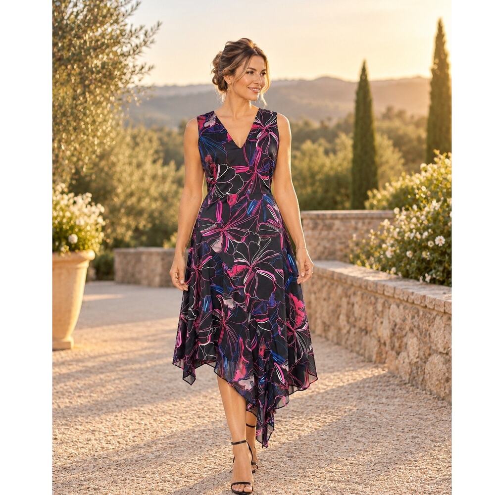 DKNY Black Multi Floral Chiffon V Neck Asymmetric Ruffle Midi Dress 10 NWT $139